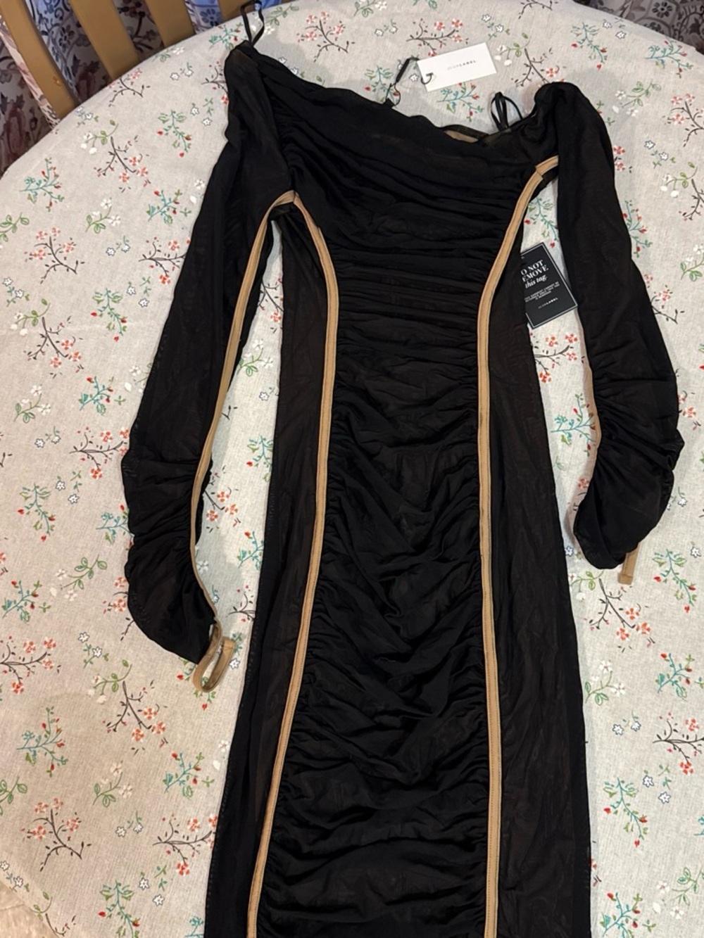 JLUXLABEL Black Long Sleeve Ruched Bodycon Dress with Tan Trim